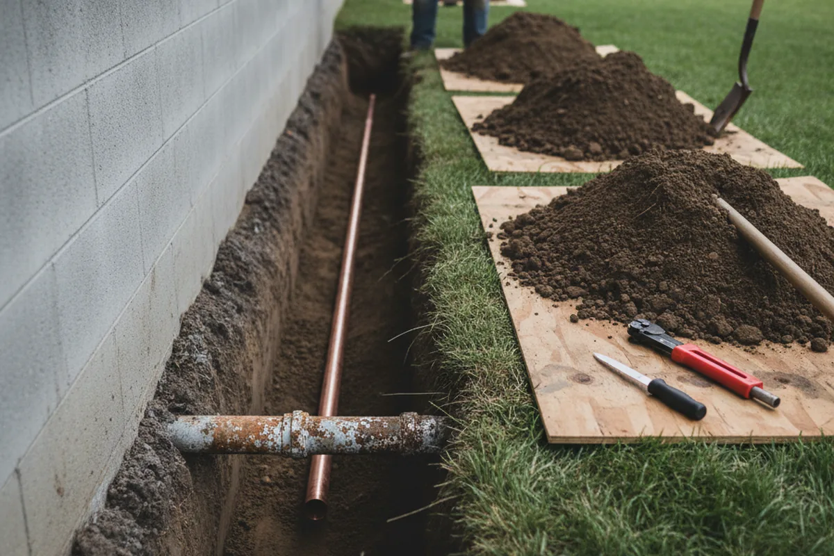 Excavated water line trench during Sewer Line Repair in Chesnee